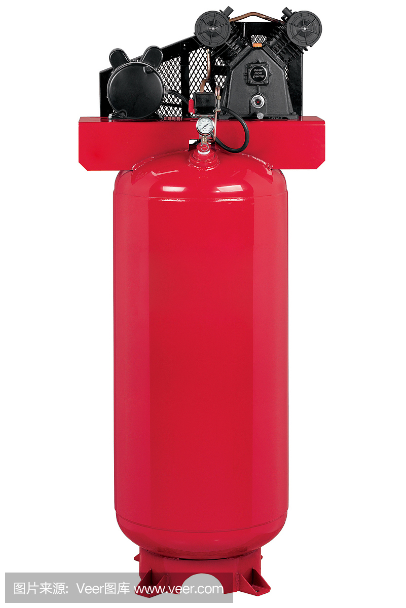 一个红色的空气压缩机站在一个白色的背景前